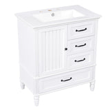 English Elm 30" Bathroom Vanity With Sink, Bathroom Cabinet With A Door, Three Drawers, Solid Wood Legs & Mdf Board, Adiustable Foot Pads, White