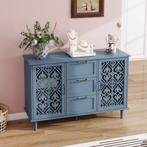 English Elm 2 Door 3 Drawer Cabinet with Carved Panels, Smooth Slide Rails, Black Metal Handles, Solid Wood Feet Blue W688124217