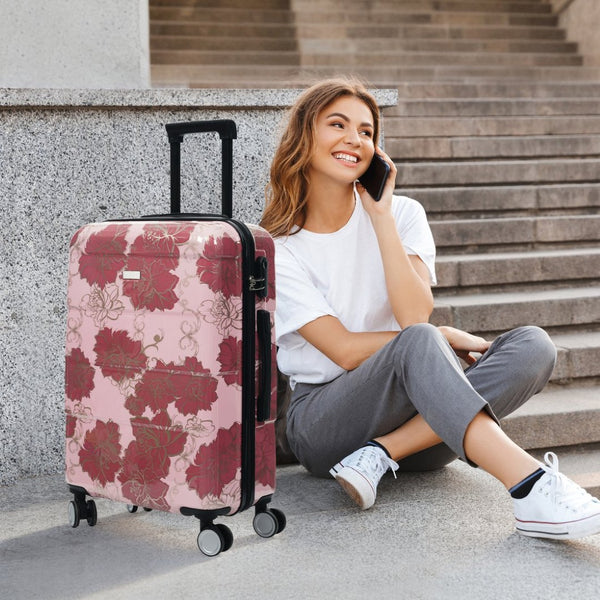 English Elm 6 Piece Hardshell Abs Travel Set with Spinner Wheels Combination Lock and Toiletry Bag Purple Pink Flower N732P391160E