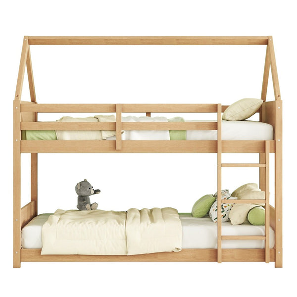 English Elm Twin House Floor Bunk Bed With Guardrails & Ladder - Solid Rubberwood, White Oak Finish, Ideal For Kids W504P227942-GIGA