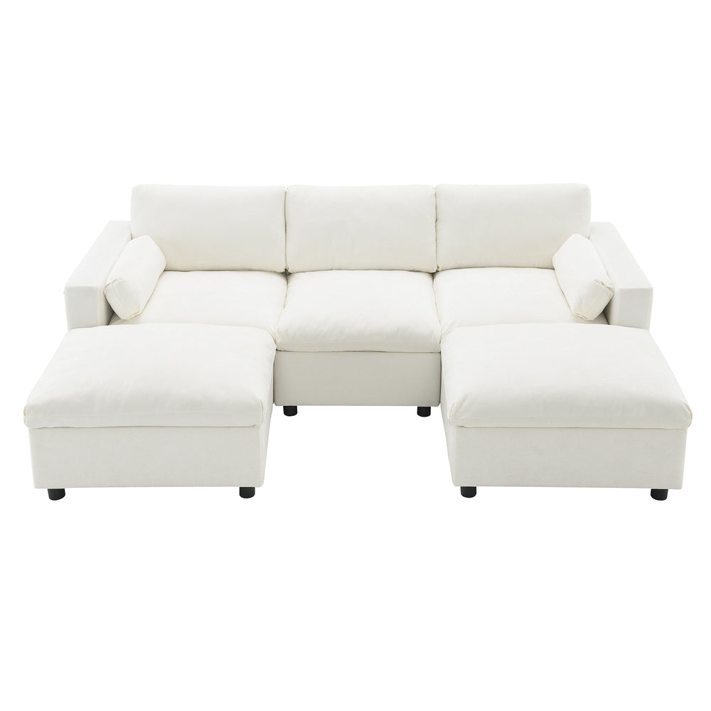 English Elm 86.5'' Chenille Modular Sectional Sofa with Storage Pockets, 5-Seat U-Shaped Cloud Sofa with Ottomans & Pillows White N723S8723A