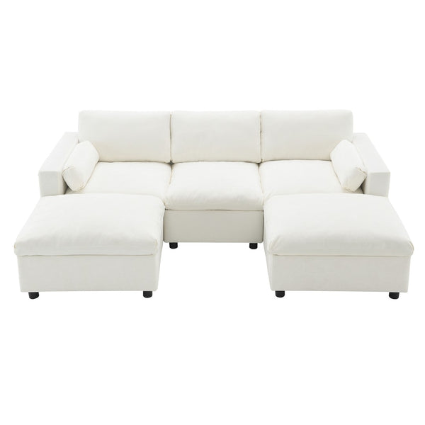 English Elm [video]86.5'' Chenille U-shaped Sectional with Dual Ottomans and Storage Pockets for Living Rooms White N723S7723A