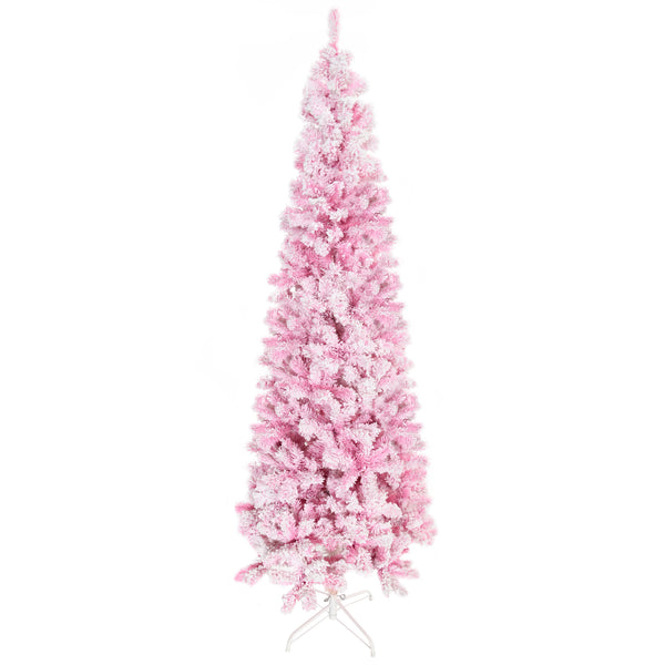 English Elm Homcom 7.5' Tall Slim Pencil Pink Snow Flocked Christmas Tree - Realistic Pine, Easy Setup & Customizable W2225P229660