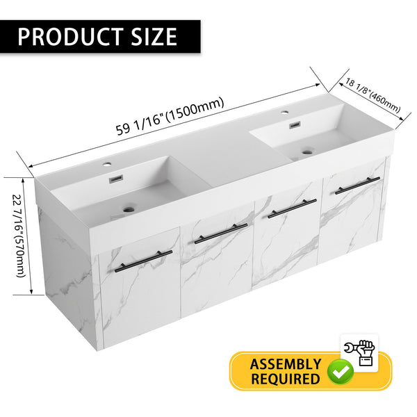 English Elm 60 Inch Wall-Mounted Bathroom Vanity With Double Resin Sinks, Modern Design, Storage & Style W999S00254