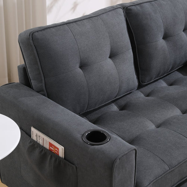 English Elm {VIDEO 3-in-1 Upholstered Futon Sofa Bed Convertible Loveseat with Tufted Back, Cup Holders & Side Pockets Dark Gray W2325P183181