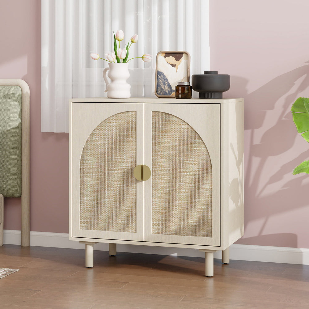 English Elm 2 Door Cabinet with Engineered Rattan Finish, Adjustable Shelves, Metal Semi-Circle Handles, Compact Storage Solution Natural W688134370