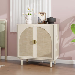 English Elm 2 Door Cabinet with Engineered Rattan Finish, Adjustable Shelves, Metal Semi-Circle Handles, Compact Storage Solution Natural W688134370