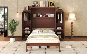 English Elm Queen Murphy Wall Bed Walnut Wooden Frame Dual Wardrobes Foldable Guest Room Storage N733S235627D