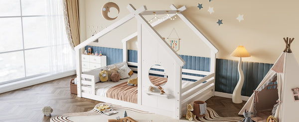 English Elm Twin House Bed Low Profile Pine Wood Frame with Shelf Montessori Kids Floor Sleeping Light White W5305P429644