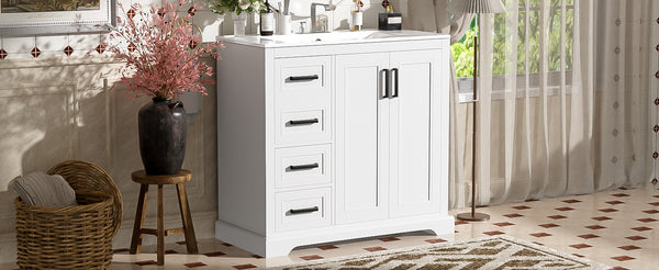 English Elm 36" Modern Bathroom Vanity with Ceramic Sink, Soft-Close Doors, 3 Drawers & Ample Storage for Small Baths White N729P280194K