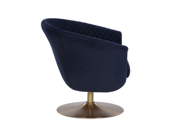 Sunpan Carine Swivel Lounge Chair - Mid-Century Elegance with Contemporary Curves and Antique Brass Base Quilted Abbington Navy