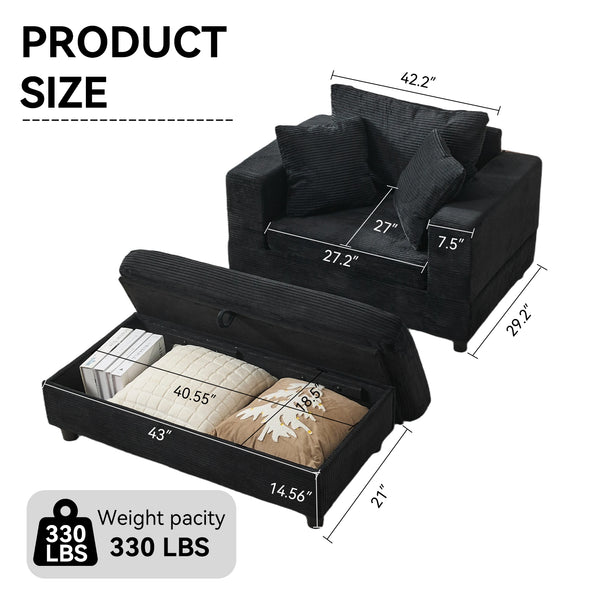 English Elm Chaise Lounge Chair With Storage Ottoman - Modern Upholstered Sofa Bed For Stylish Living Spaces W1170P353050