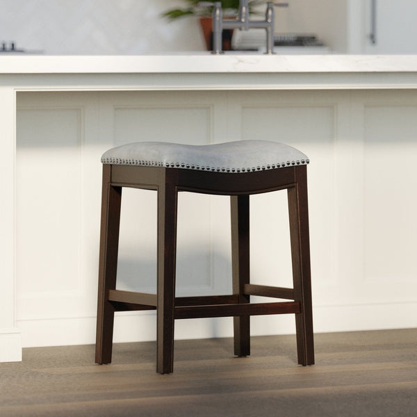 English Elm 26in. Counter Height Hardwood Barstool Nailhead Faux Leather Seat Kitchen Dining Gray B2751P436412