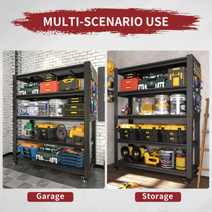 English Elm 72"H Heavy Duty 5-Tier Metal Shelving with Pegboards & Lockable Wheels, 2000LB Capacity, Adjustable T2398P313256