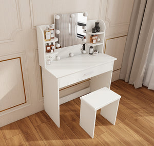 English Elm One drawer dresser table Ancient White Vanity with Stool, Adjustable Mirror, Compact Elegant Makeup Station W2139P306364