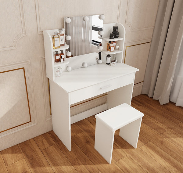 English Elm One drawer dresser table Ancient White Vanity with Stool, Adjustable Mirror, Compact Elegant Makeup Station W2139P306364