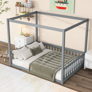 English Elm Full Size Canopy Floor Bed With Guardrails - Sturdy Rubberwood Frame In Soft Grey Finish W504P345754