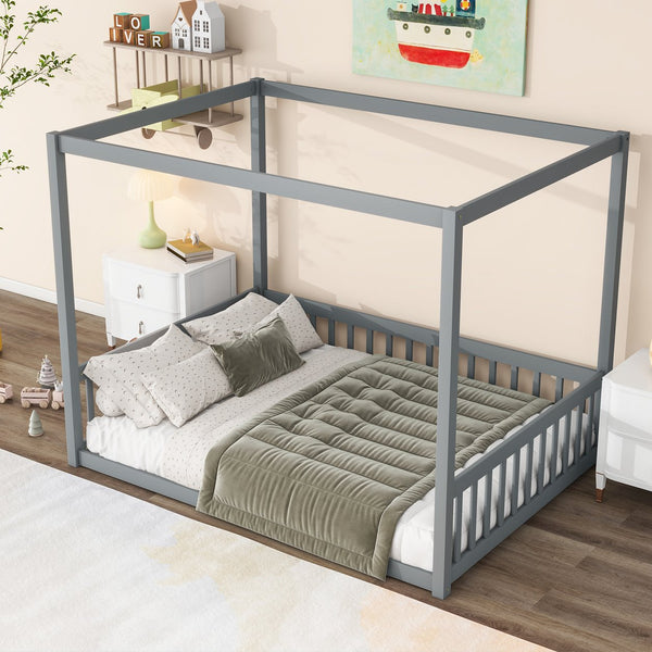 English Elm Full Size Canopy Floor Bed With Guardrails - Sturdy Rubberwood Frame In Soft Grey Finish W504P345754