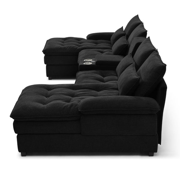English Elm 130" U-shaped Sectional Sofa Six Seat Linen Upholstered with Built-in Console and Chaise Black W1117S00270