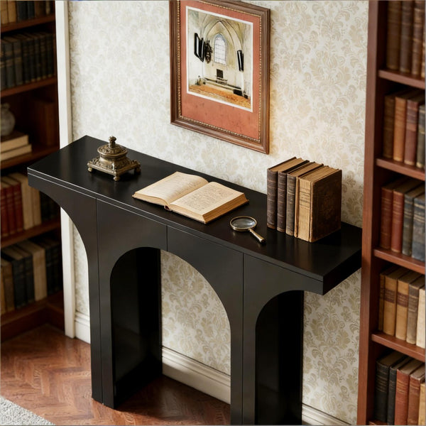 English Elm Entryway Console Table with Sculptural Stacked Wood Panels and Open Arc Base T3971P453499