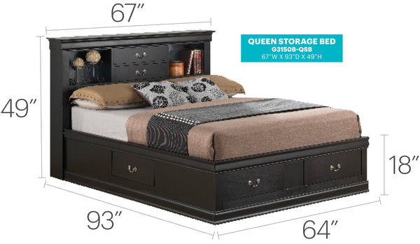 English Elm Traditional Queen Storage Bed with Elegant Finish, Timeless Design, Durable Construction, Built-In Organization Black 18 L x 27 W x 13 H B078S00342
