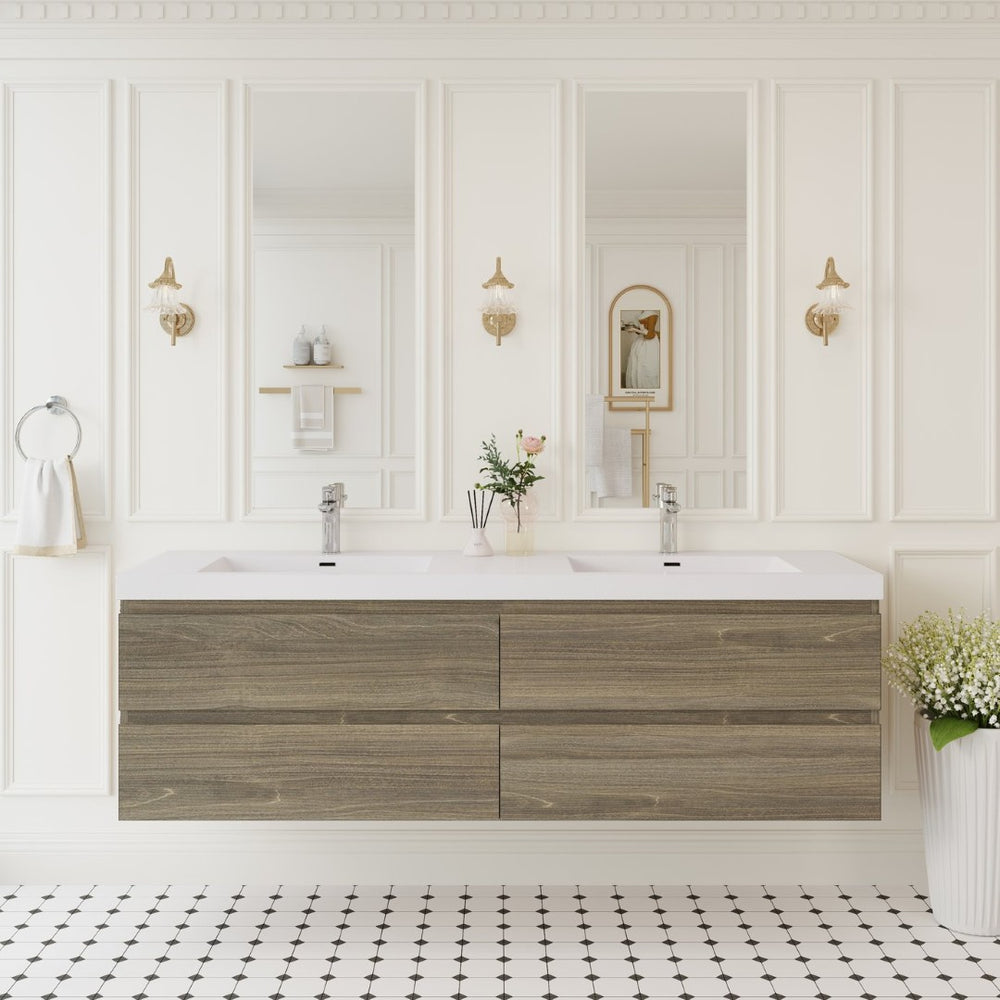 English Elm 72'' Floating Double Vanity Smoked Walnut Fluted Mdf Cabinet with Quartz Basins W1920P385506