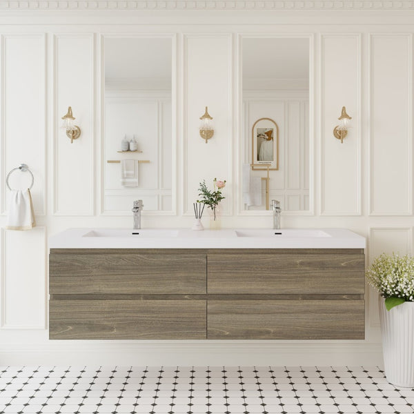 English Elm 72'' Floating Double Vanity Smoked Walnut Fluted Mdf Cabinet with Quartz Basins W1920P385506
