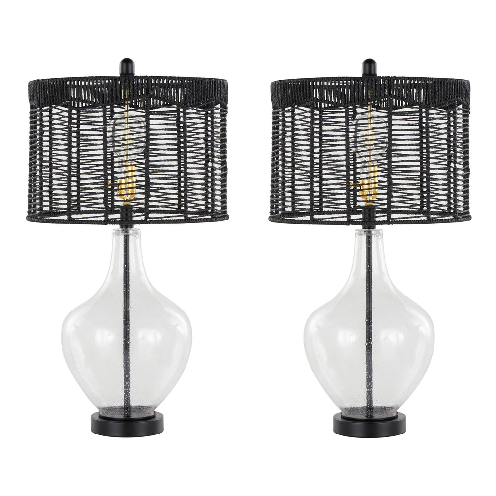English Elm Jenna 26" Contemporary Seeded Glass Table Lamp Set of 2 with Matte Black Rope Shade, Gold Accents B202P224204