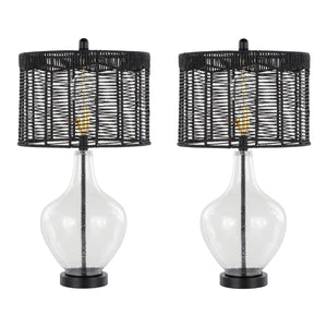 English Elm Jenna 26" Contemporary Seeded Glass Table Lamp Set of 2 with Matte Black Rope Shade, Gold Accents B202P224204