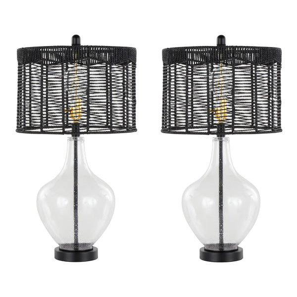 English Elm Jenna 26" Contemporary Seeded Glass Table Lamp Set of 2 with Matte Black Rope Shade, Gold Accents B202P224204