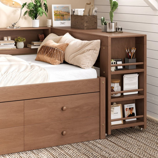 English Elm Twin Daybed Pine Frame with Trundle Desk Hutch Shelves and Storage for Kids Rooms Brown W1580S00459