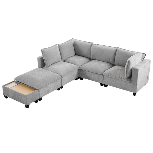 English Elm 90" U-shaped Sectional Sofa Modular Couch with Movable Ottoman, Hidden Charging Coffee Table, Durable Comfort Grey N719S001780E