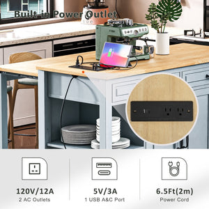 English Elm K&k Farmhouse Kitchen Island Extendable Table Rubber Wood Veneer Built-in Charging Storage Grey+Blue N707S215327G