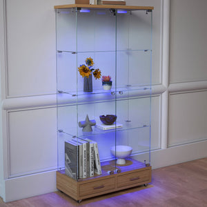 English Elm Modern Glass Display Cabinet With Led Lighting, 2 Drawers & 4 Shelves For Stylish Storage Solutions W241S00060