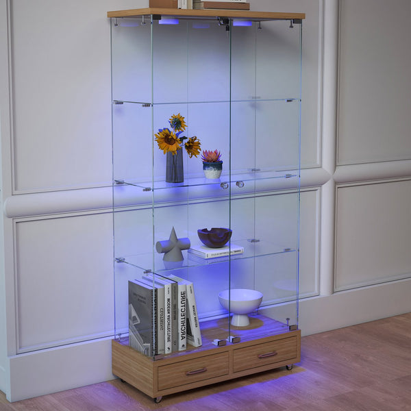 English Elm Modern Glass Display Cabinet With Led Lighting, 2 Drawers & 4 Shelves For Stylish Storage Solutions W241S00060