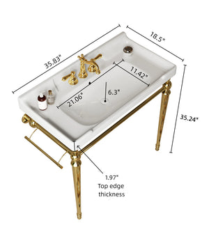 English Elm VICI 36" Bathroom Console Sink with Integrated Ceramic Basin, 3-Hole Faucet, Stainless Legs & Towel Bar Gold,White W2615S00105