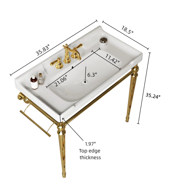 English Elm VICI 36" Bathroom Console Sink with Integrated Ceramic Basin, 3-Hole Faucet, Stainless Legs & Towel Bar Gold,White W2615S00105