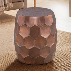 English Elm Modern Round Hand-Hammered Aluminum Coffee & End Table Set — Hexagonal Patterned Artisanal Design Copper B009S01531