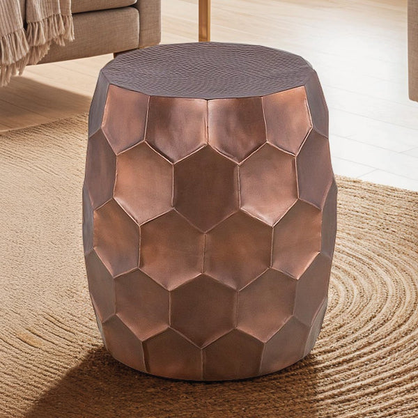 English Elm Modern Round Hand-Hammered Aluminum Coffee & End Table Set — Hexagonal Patterned Artisanal Design Copper B009S01531