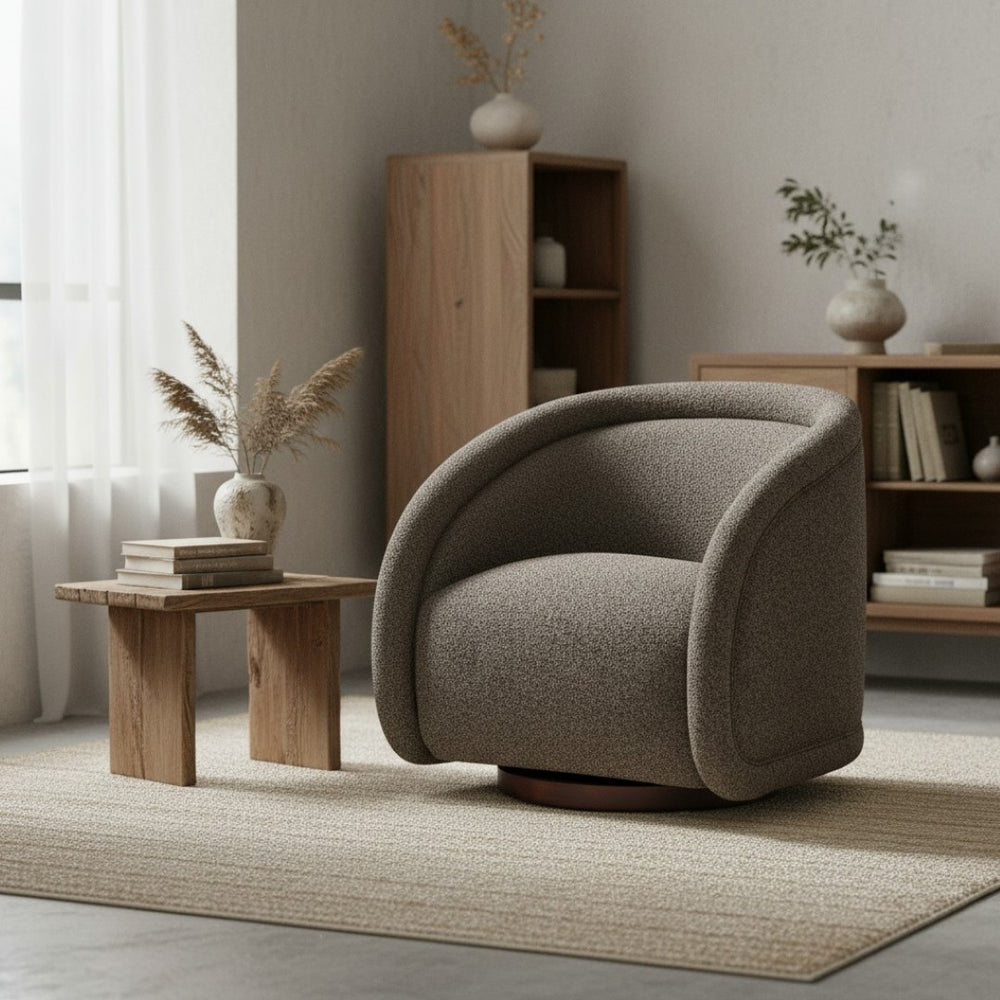 English Elm Sabbo Bouclé Swivel Accent Chair Walnut Wood Base Cozy Reading Nook Seating N767P388923M
