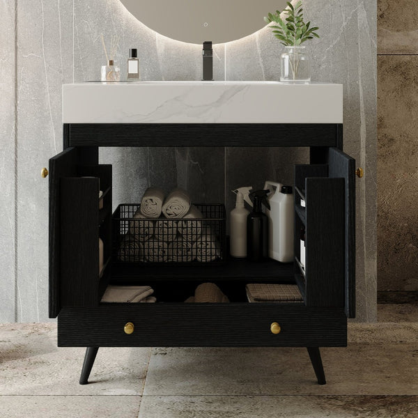 English Elm Contemporary Freestanding Bathroom Vanity Sintered Stone Top Ceramic Sink Steel Legs W3136S00062