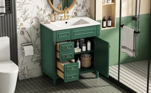 English Elm 30" Bathroom Vanity with Sink — Freestanding Modern Cabinet with Soft-Close Door, 2 Deep Drawers, Durable Basin Green N710P288938F