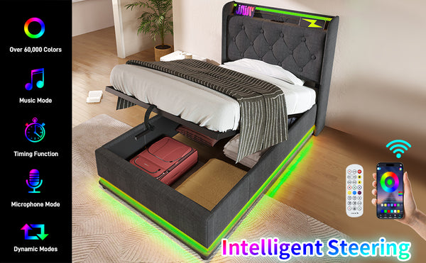 English Elm Twin Upholstered Bed with Hydraulic Storage, Surround LED, App/Remote Control & USB Type-C Charging Gray N736P188805G