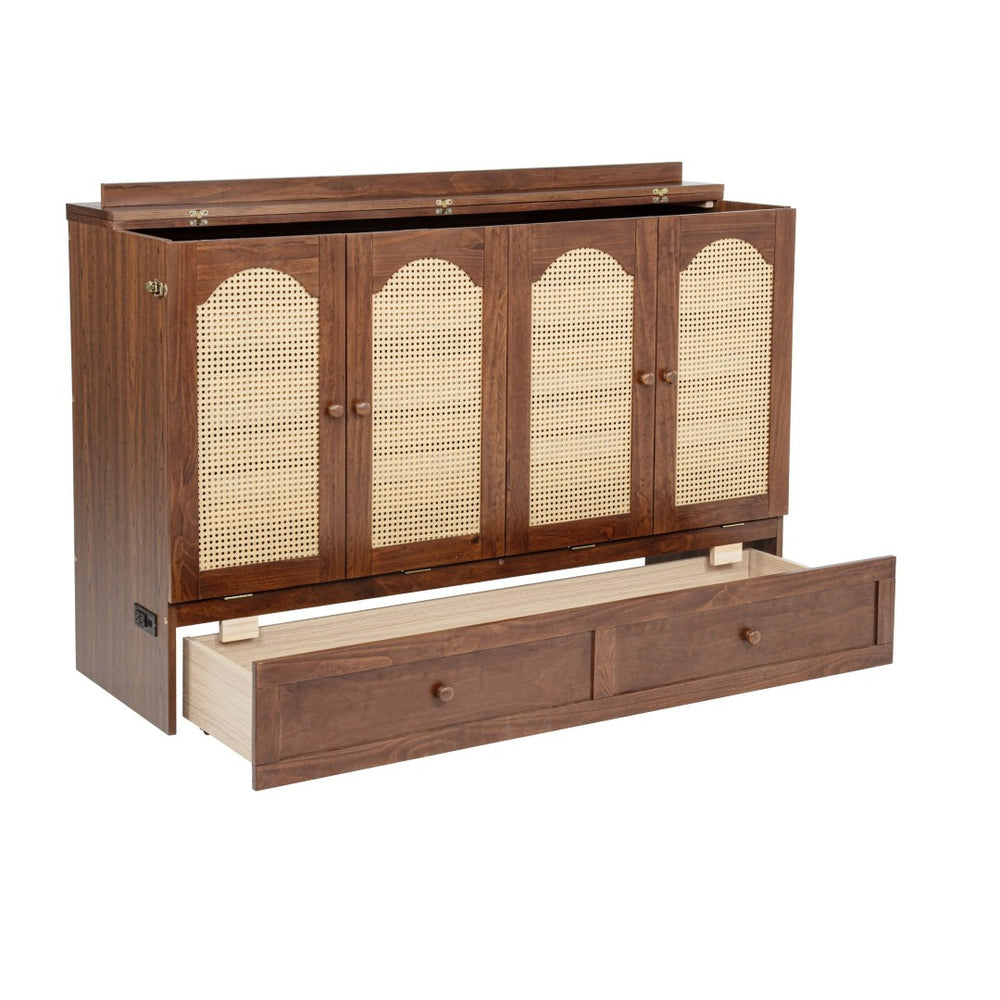 English Elm Queen Size Murphy Bed - Stylish Pine Wood Cabinet With Power Station & Rattan Panel For Space-Saving W504S00234-GIGA