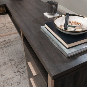English Elm L-Shaped Desk In Sleek Black Finish - Spacious Corner Workspace With Durable Design & Storage Solutions B356P367899