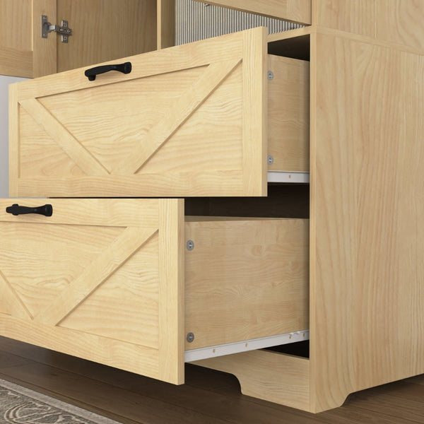 English Elm 2 Door Wardrobe Closet with Full Length Mirror Motion Light Hanging Rod and Drawers Natural W409P266780