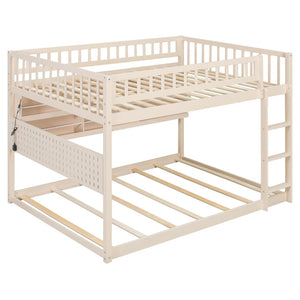 English Elm Full Over Bunk Bed with Led Lighting Pegboard Shelving and Pine Wood Frame Beige LT000278AAA