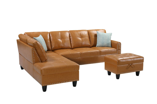 English Elm Black Faux Leather Sectional Sofa with Cup Holders Storage Ottoman and Nailhead Trim Ginger B2730S00020
