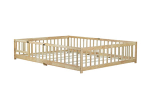 English Elm Queen Rubberwood Floor Bed with Perimeter Fence and Latch Door for Toddler Safety W504P370525