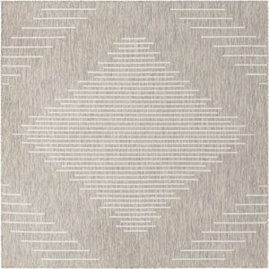 Unique Loom Outdoor Modern Tambor Machine Made Lines Rug Gray, Ivory 7' 1" x 7' 1"